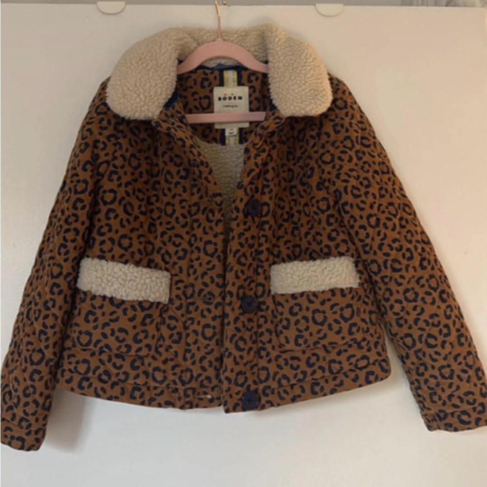 Boden Brown Leopard Print Jacket with Cream Faux-Sherpa Trim size 8